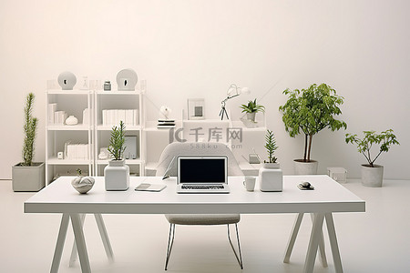 北欧植物背景图片_客厅空间，配有用餐空间餐桌和电脑