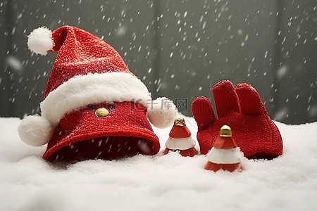 圣诞老人的帽子和手套在地上和礼物
