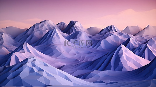 蓝色雪山背景图片_3D 纸质设计，以蓝色和淡紫色的色调展示山脉和云彩