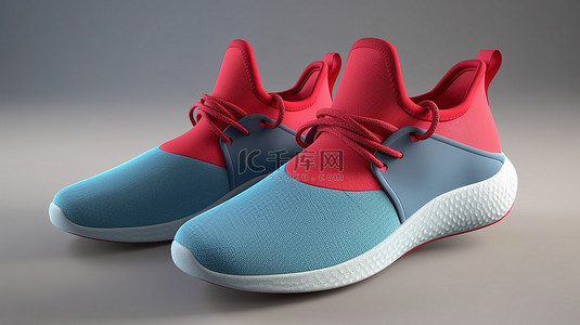 时尚的 3D 渲染红色和蓝色运动鞋，带缓冲鞋底，在干净的白色背景侧视图上安全贴合