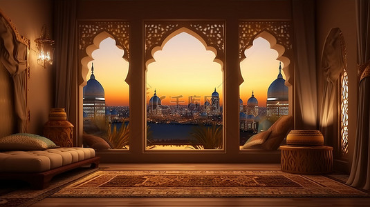 阳台装饰背景图片_一座古城的夜间 3D 插图，展示一间带阳台拱形窗户和家具的阿拉伯房间