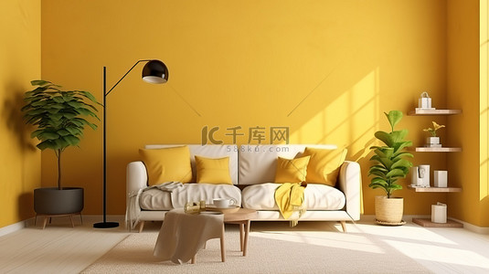 3D 公寓或家庭可视化中阳光明媚的黄色生活空间
