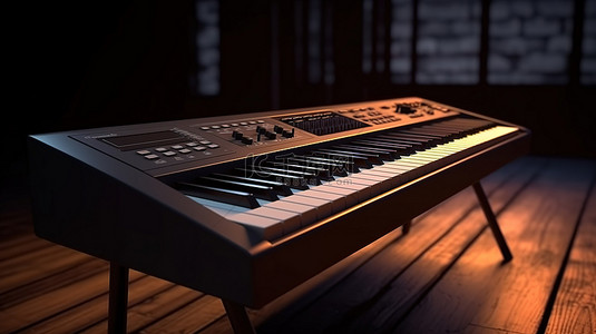钢琴作曲家背景图片_地板上电子键盘合成器的黑暗工作室渲染