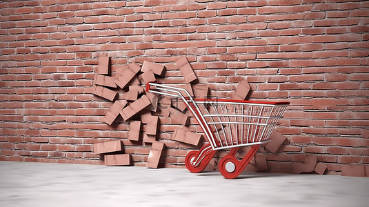 购物车胜利地突破了 3D 销售标志中的砖墙