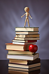 水果教育背景图片_一个小木娃娃试图到达两堆书的顶部
