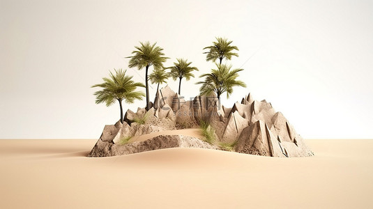 沙漠旅游广告背景图片_沙漠绿洲的令人惊叹的 3D 插图，有孤立的棕榈树海岩石和旅游广告的海滩