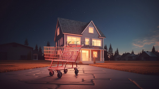 卖房子的背景图片_购物车概念中的房屋 3D 渲染