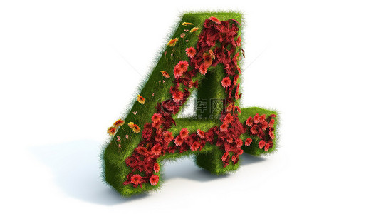 春天花朵红色背景图片_3D 渲染红色花朵和草对 4 号隔离