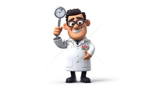 医院背景卡通背景图片_白色背景 3D 渲染上带有可弯曲手臂和温度计剪贴画的异想天开的医生