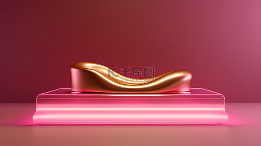 粉红音乐会背景图片_奢华的美容摄影简约霓虹粉红色 3D 显示在纹理金线讲台上