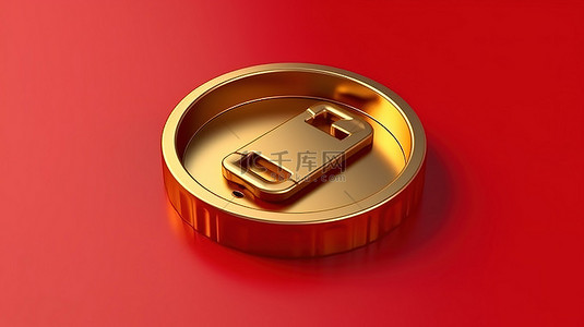 盘扣设计背景图片_垃圾桶图标 3D 在红色哑光金板上的金色垃圾设计中呈现社交媒体符号