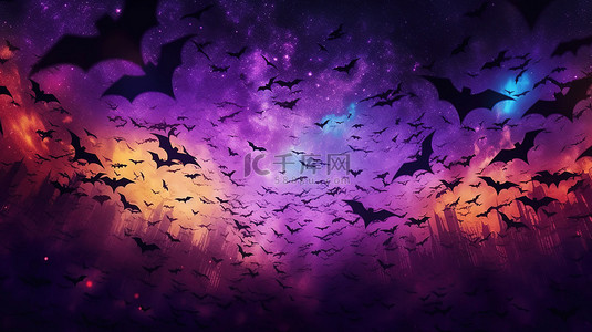 万圣节月亮背景背景图片_幽灵般的万圣节场景满月和夜空中的蝙蝠