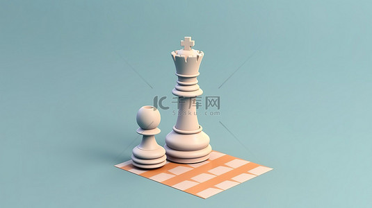 等距视图中单个国际象棋皇后棋子的独立 3D 渲染插图