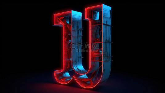 红色的照明霓虹灯大写字母 j 包裹在蓝色字母 3d 渲染中