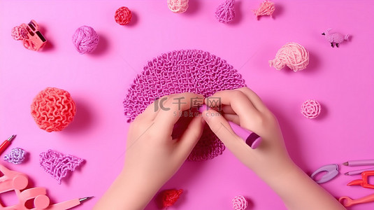 儿童制作粉红色背景 3D 钢笔人物的顶视图