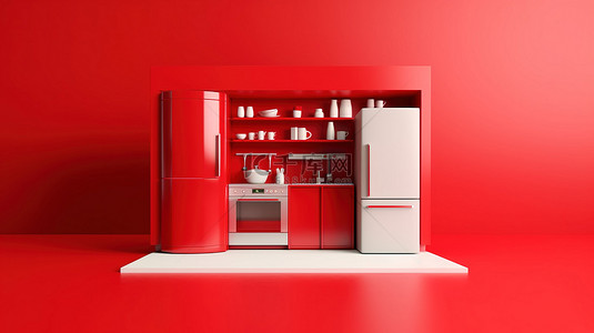红色主题厨房，配有冰箱的单色 3D 图标