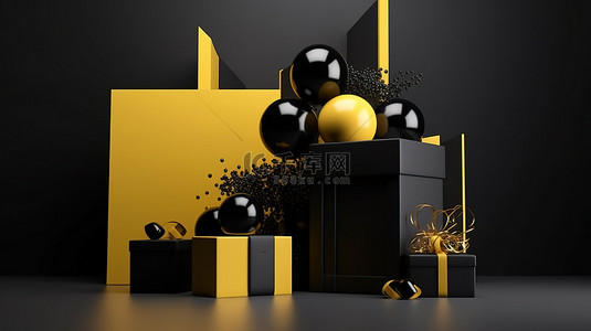 圣诞节框架背景图片_带框架的黑色和黄色 3d 渲染礼品盒中的生日惊喜