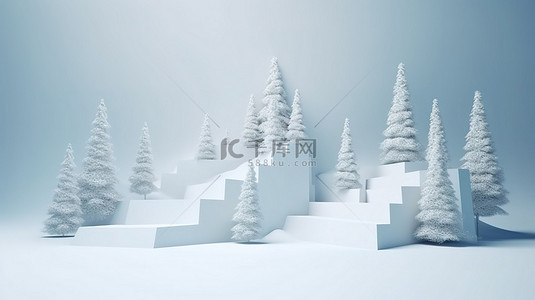 圣诞节背景图片_圣诞盛会 3d 渲染的雪地基座，在极简主义的雪地背景上漂浮着树木