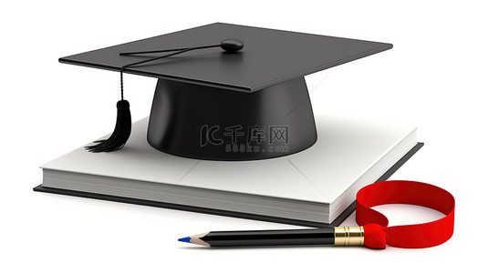 带毕业帽螺旋日历和白皮书 3D 渲染的空白书桌