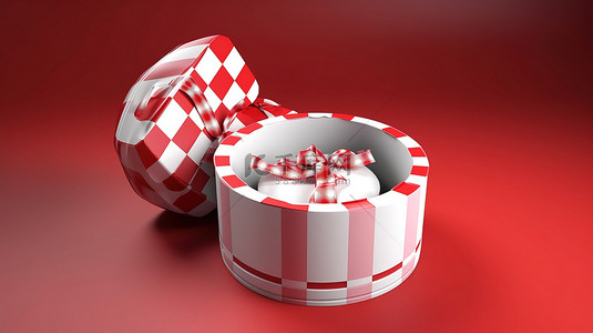 时尚的礼品盒和协调的 3d 渲染的红色和白色贴纸