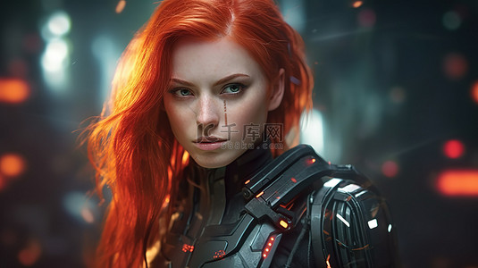 女性的长发背景图片_令人惊叹的红发科幻刺客和赏金猎人的 3D 渲染