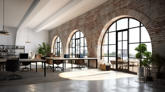 工业阁楼风格办公室的 3D 渲染，具有令人惊叹的拱形窗户白色砖墙和光滑的混凝土地板