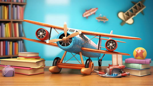 学平面背景图片_教育横幅的 3d 渲染与迷人的卡通飞机
