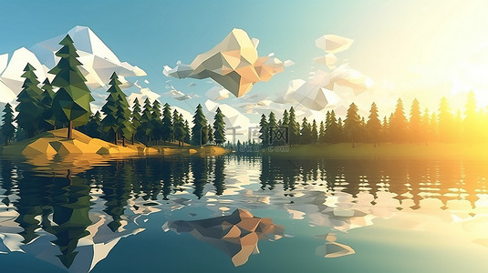 夏季背景低聚森林在水面上天空中阳光和云彩的 3D 渲染