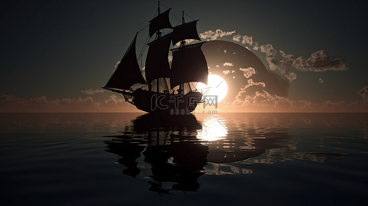 黑夜的海洋背景图片_3D 渲染海盗船轮廓和日全食期间的反射