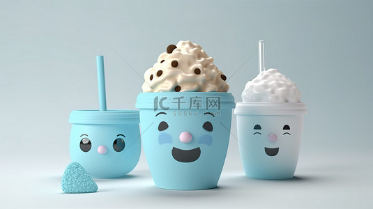 卡通风格 3D 渲染软牛奶冰淇淋在白色背景上隔离的杯子中