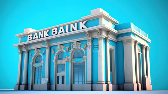 银行投资背景图片_带有西班牙银行文本的蓝色背景银行大楼的 3D 插图