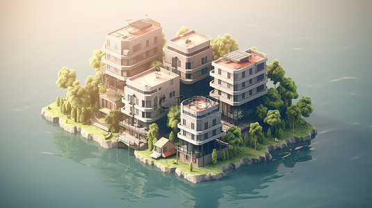 中央空调清洗背景图片_3D 城市景观中的等距岛屿公寓