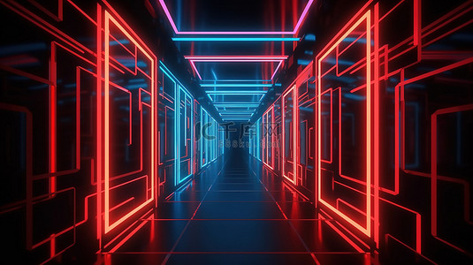 红色和蓝色霓虹灯照亮的几何走廊 4k 超高清抽象背景的 3D 渲染