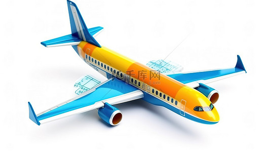 白色背景上带有登机牌的航空公司冒险俏皮玩具飞机 3d 插图