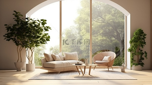墨染填充背景图片_客厅内部的 3D 渲染，配有米色扶手椅咖啡桌和树木填充的大窗户