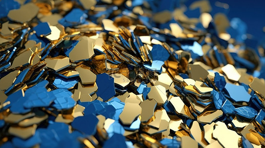 爆炸蓝色背景图片_闪闪发光的金色碎片层叠在 3D 创建的蓝色背景上