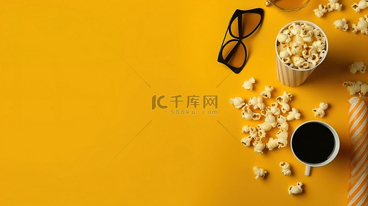 鸟瞰黄色背景上的电影快感爆米花啤酒瓶电影拍板和 3D 眼镜