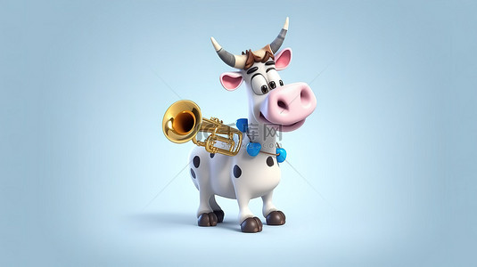 3D 插图中活泼的喇叭演奏牛