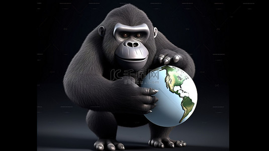 可爱的 3D 大猩猩，手里拿着一个微型行星地球
