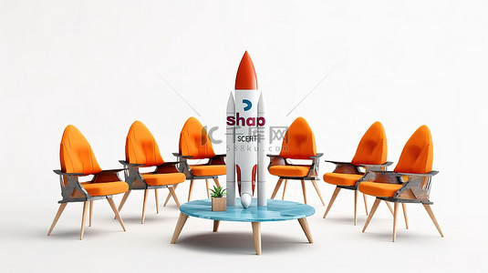 启动标志装饰火箭与聚集在白色背景上的 3D 渲染的椅子