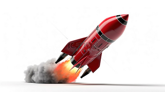 火箭模型升空的白色背景 3D 渲染