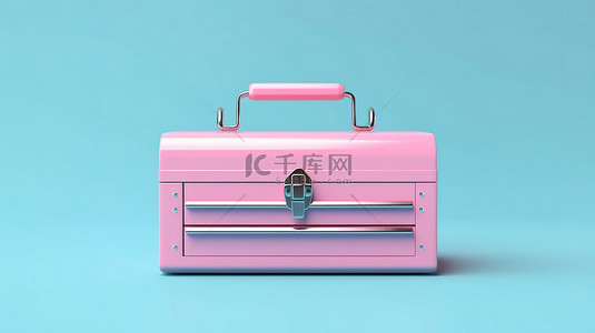 粉色背景，带有蓝色经典金属工具箱的双色调风格 3D 渲染