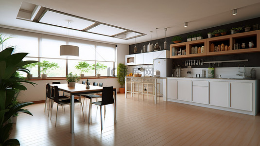 厨房效果图背景图片_食品储藏室和用餐区的 3D 效果图