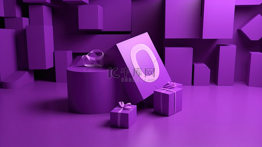 3D 渲染中紫色优惠券促销图标符号的侧视图