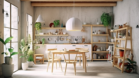 波西米亚风格的斯堪的纳维亚风格厨房和用餐区的 3D 插图，采用现代室内设计