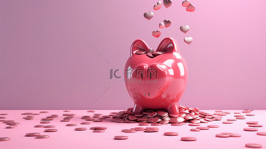 爱情硬币 3D 插图，心落入带有复制空间的存钱罐