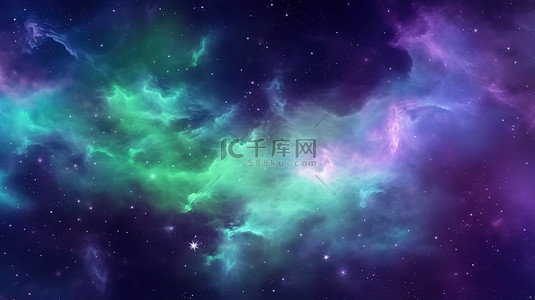 令人惊叹的 3D 渲染绿色和紫色星云与星空背景