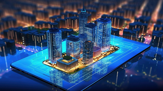城市技术景观中智能手机照亮的未来智能建筑 3D 渲染图像