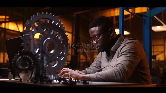 时间齿轮背景图片_专职的非洲工程师在初创办公室熬夜完善工业齿轮 3D 模型