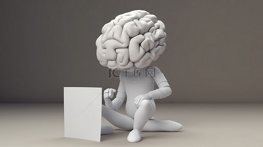 坐卡通人物背景图片_聪明的立方体伴侣 3D 渲染角色拿着纸